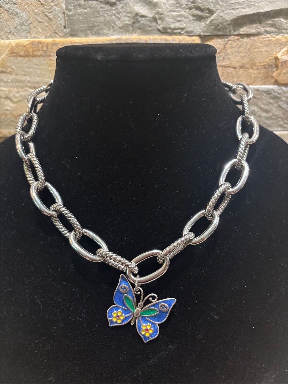 Silver Chain Necklace with Gucci Blue Enamel Butterfly Pendant